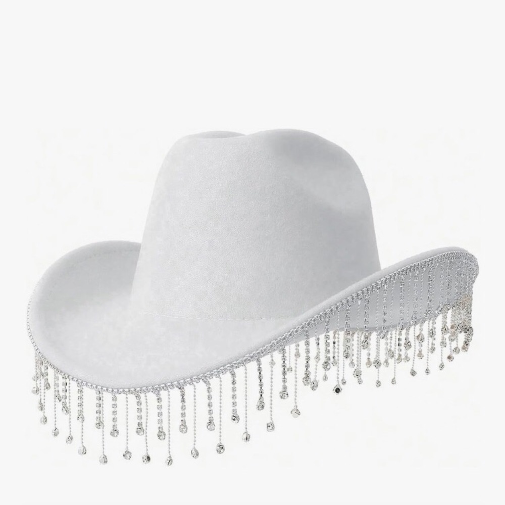 Elegant White Cowboy Hat with Rhinestone Fringe